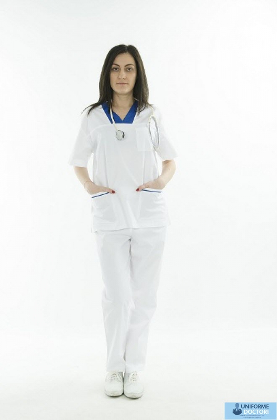 Bluza medicala, model bicolor cu maneca scurta si guler in anchior V, de dama