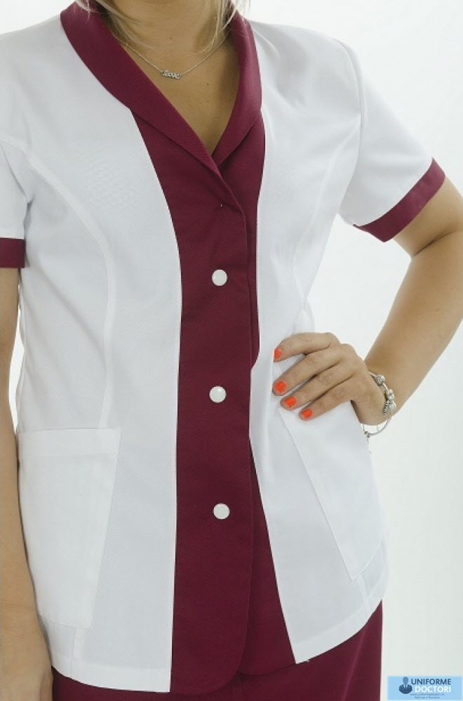 Uniforme medicale - Halat medical cu guler sal, maneca scurta, model bicolor