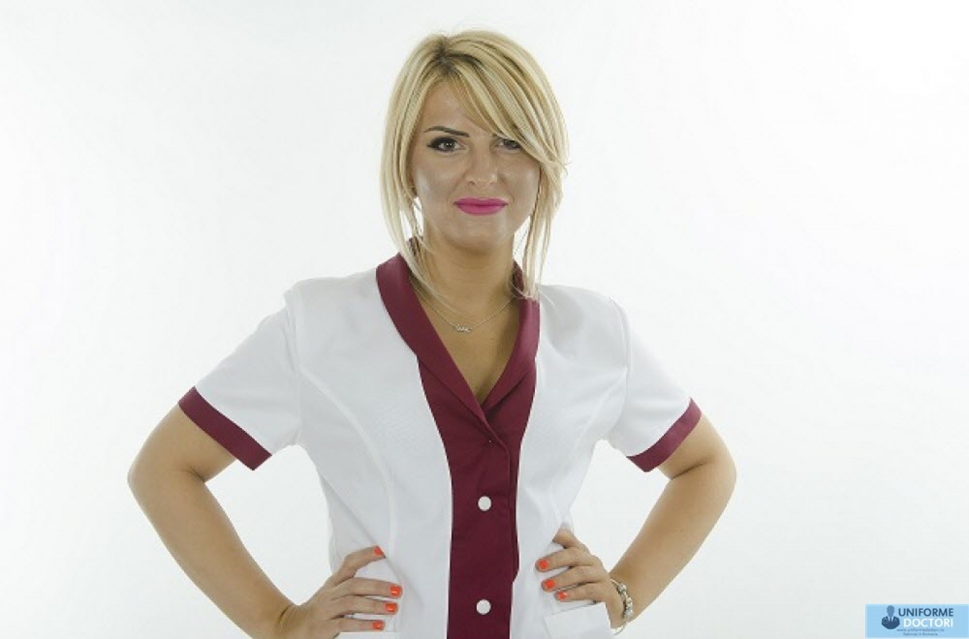 Uniforme medicale - Halat medical cu guler sal, maneca scurta, model bicolor