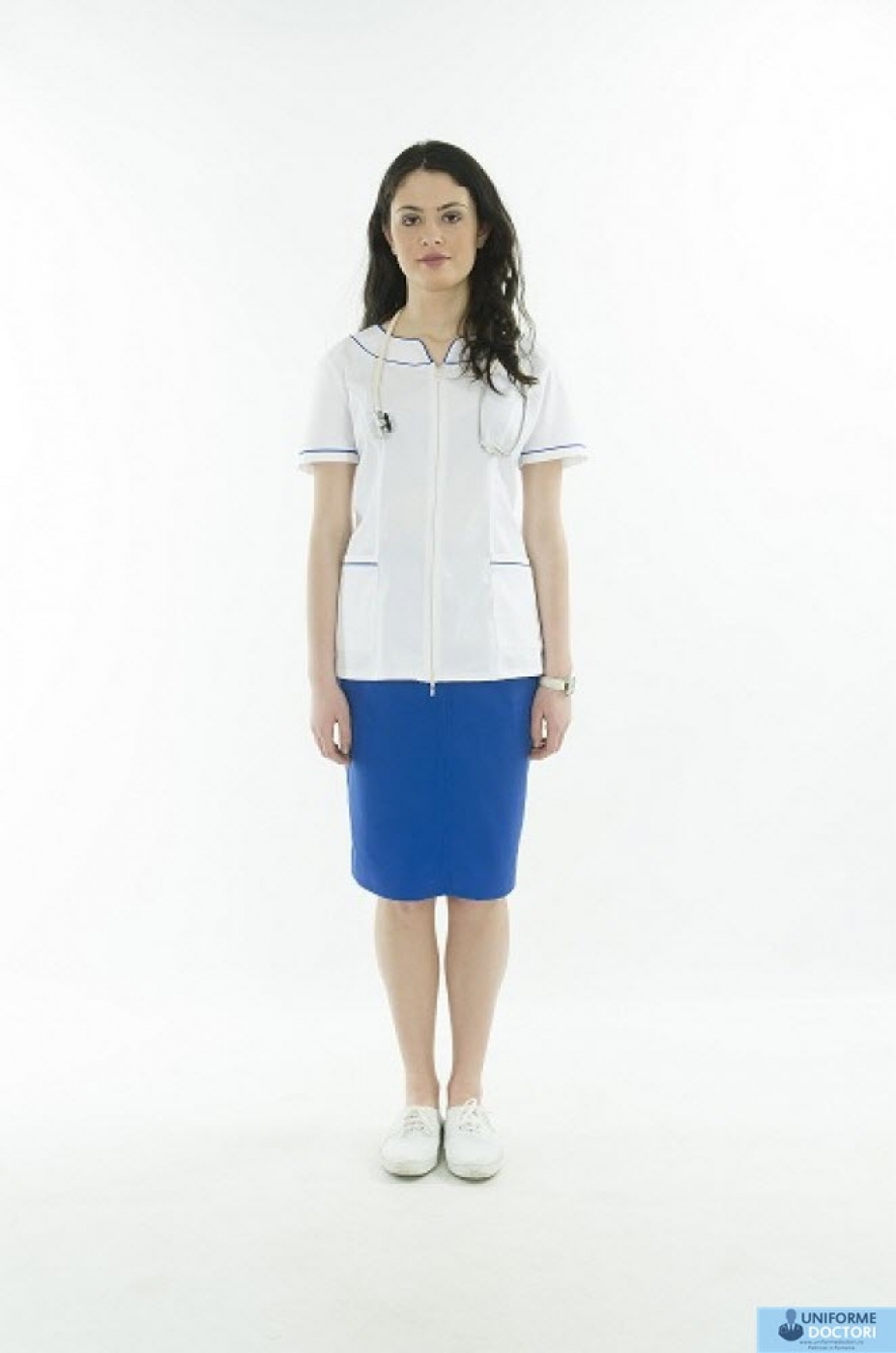 Uniforme medicale - Halat medical cu maneca scurta, guler tunica si fermoar