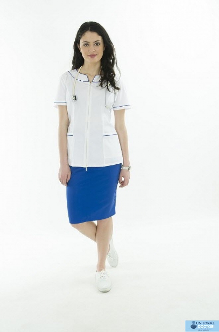 Uniforme medicale - Halat medical cu maneca scurta, guler tunica si fermoar