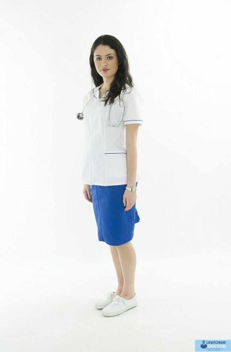 Uniforme medicale - Halat medical cu maneca scurta, guler tunica si fermoar