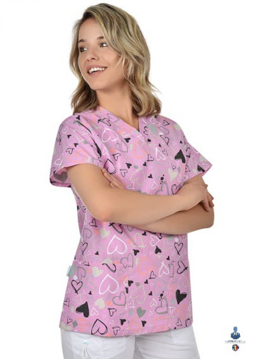 Bluza medicala imprimata roz cu inimioare, 3D Flex, anchior si maneca scurta, model dama