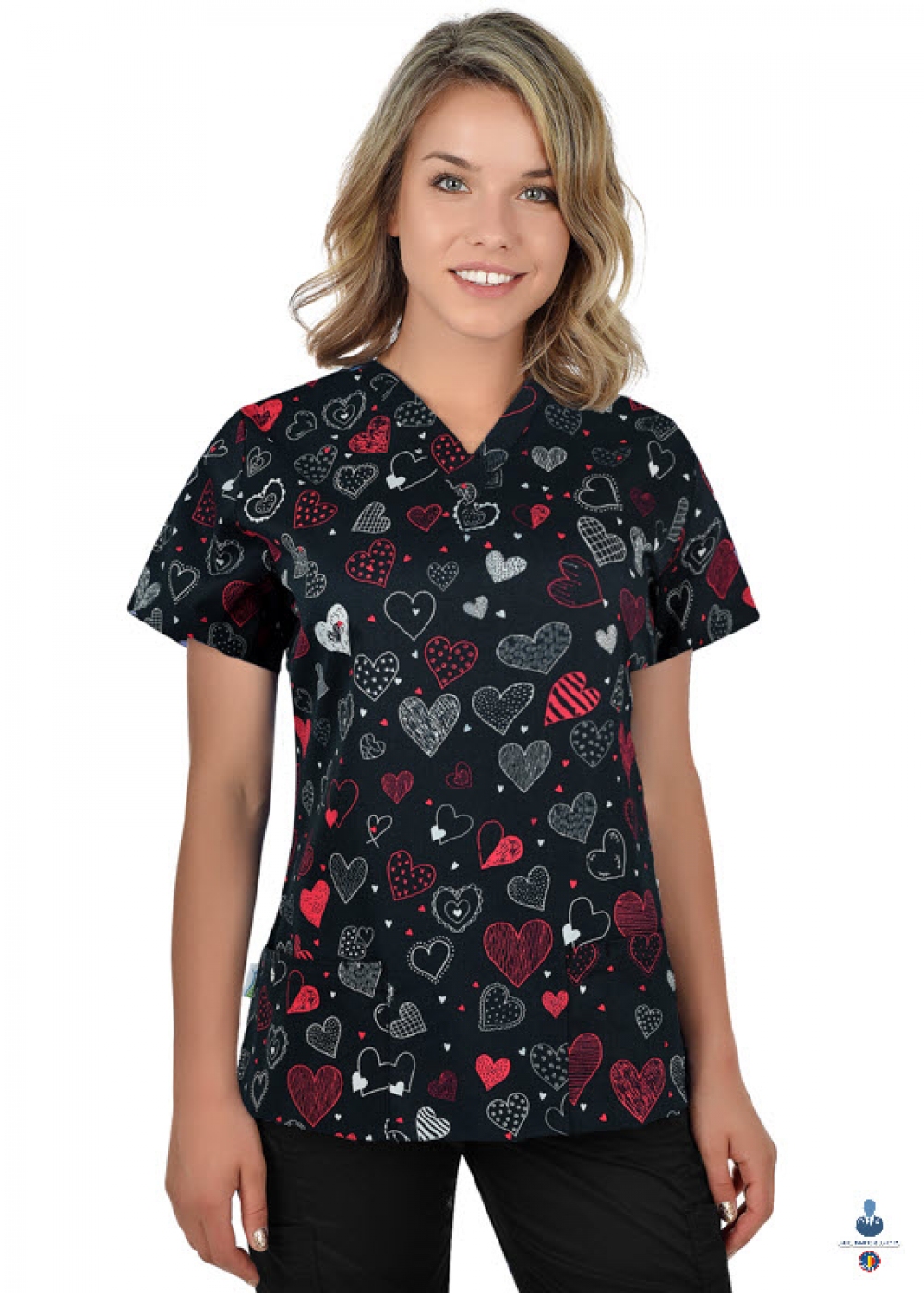 Bluza medicala imprimata, cu inimioare rosii, 3D Flex, anchior si maneca scurta, model dama
