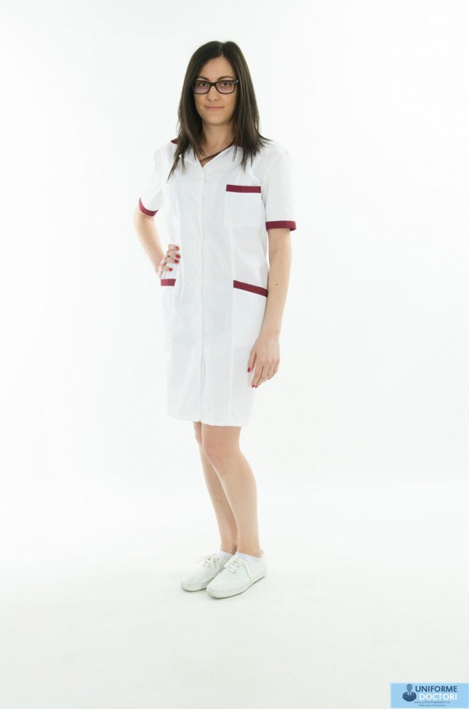 Uniforme medicale - Halat medical lung, cu maneca scurta si guler revere