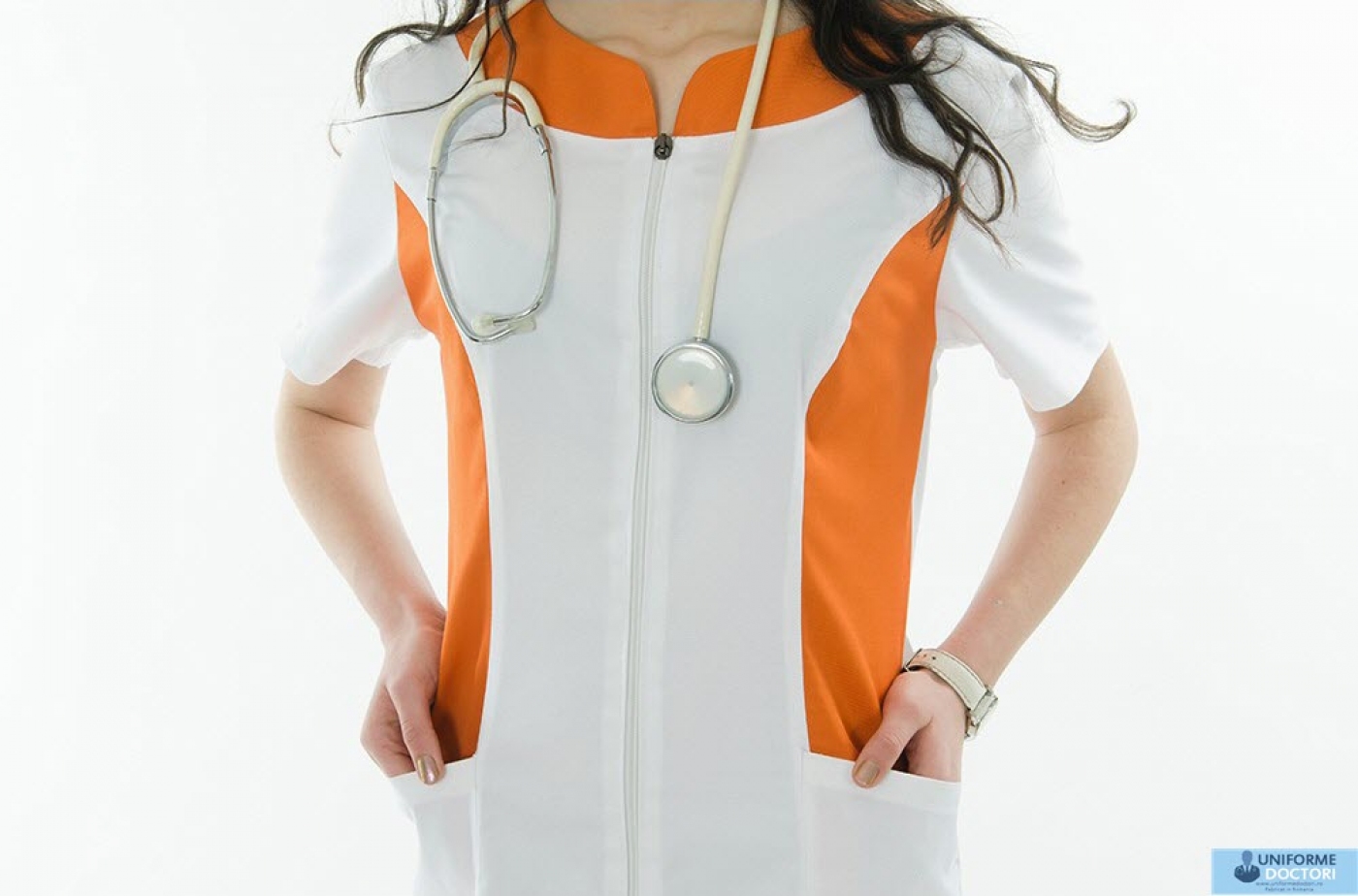 UniformeDoctori.ro â€“ Sarafan medical bicolor, cu fermoar si maneca scurta
