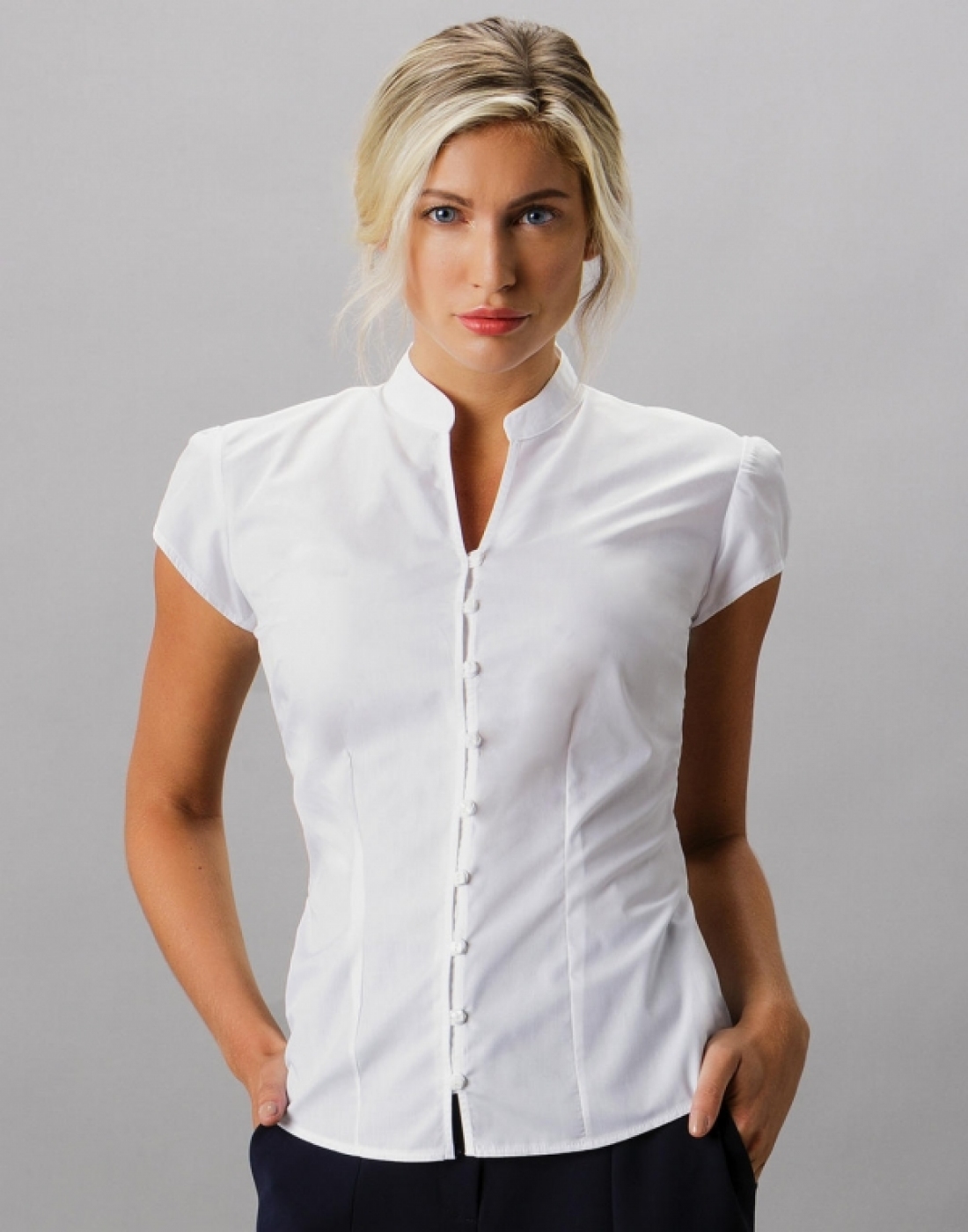 Uniforme SPA - Camasa receptioner, maneca scurta si guler asiatic, de dama