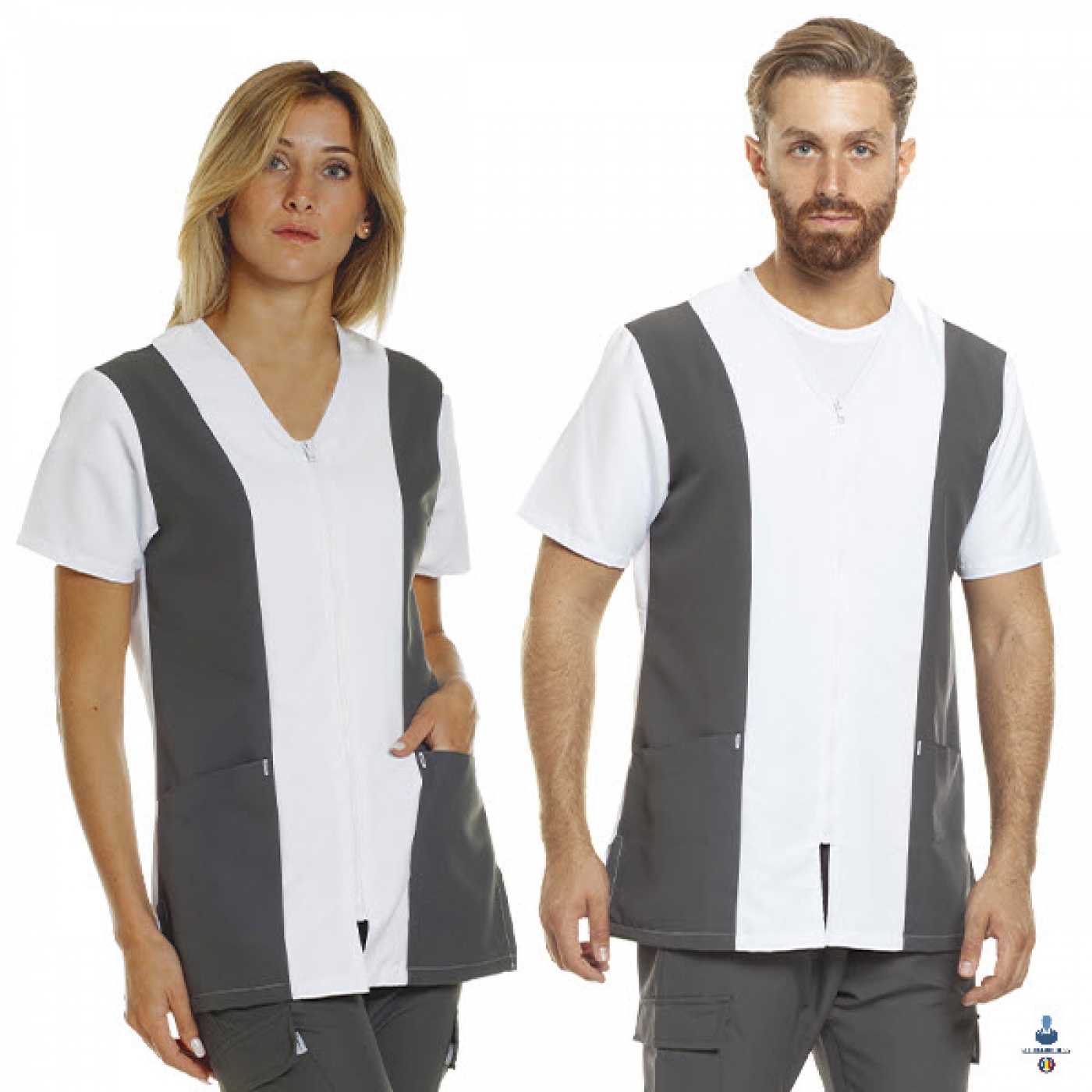 Uniforme medicale microfibra- Halat medical bicolor, maneca scurta, fermoar si guler anchior V