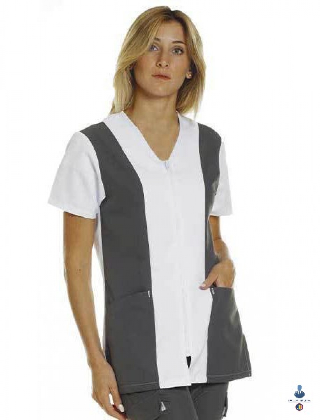 Uniforme medicale microfibra- Halat medical bicolor, maneca scurta, fermoar si guler anchior V