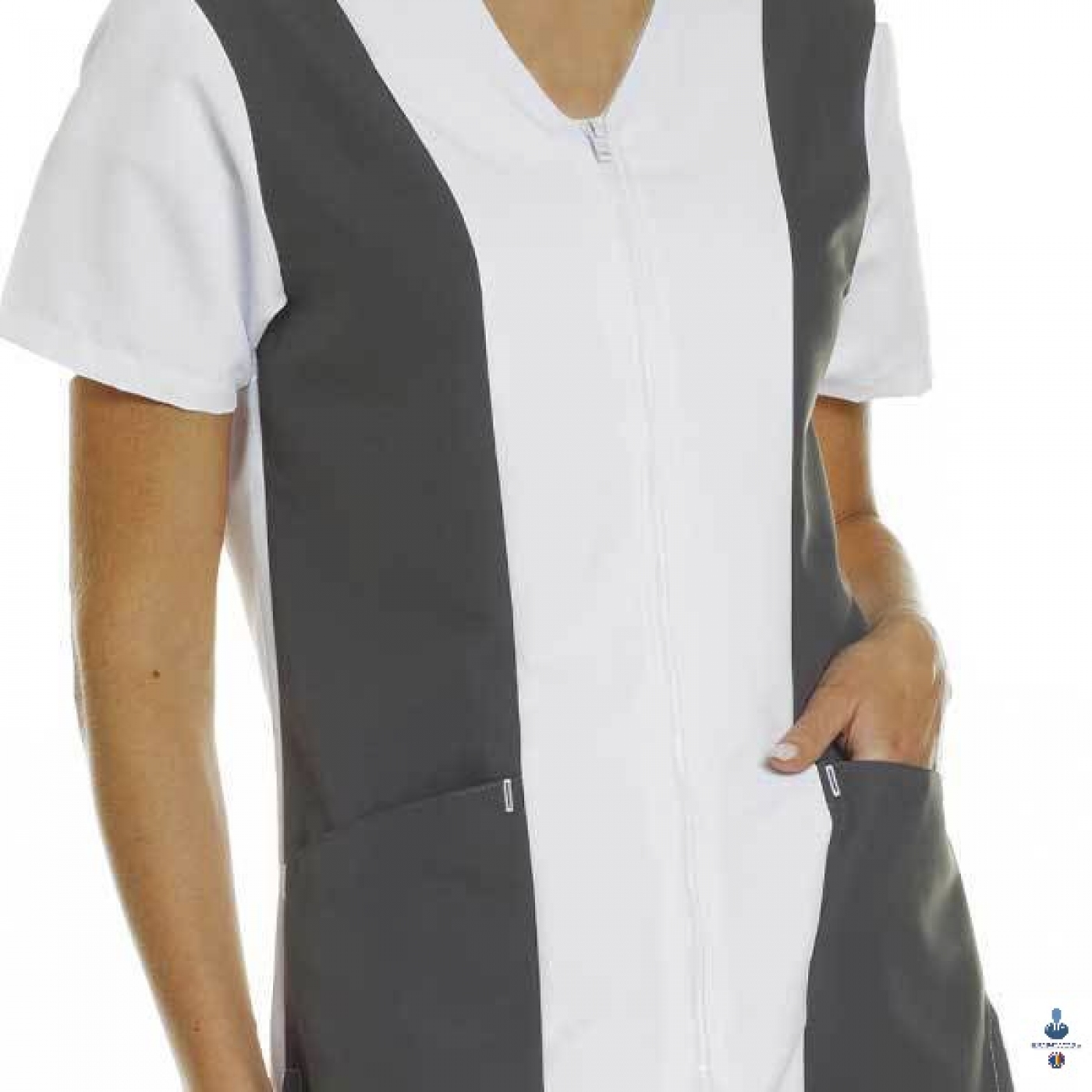 Uniforme medicale microfibra- Halat medical bicolor, maneca scurta, fermoar si guler anchior V