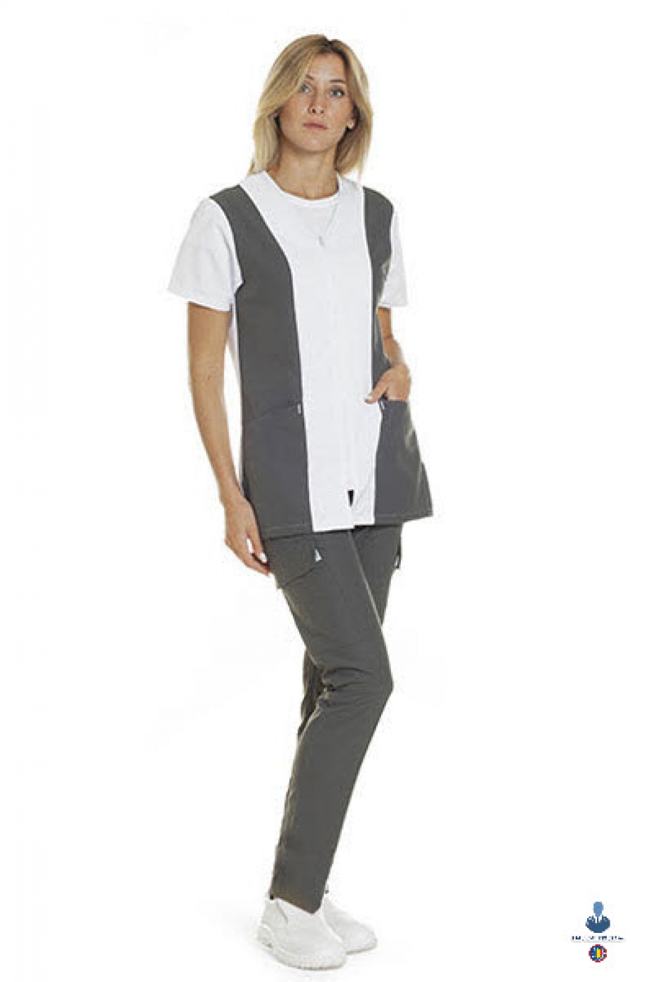 Uniforme medicale microfibra- Halat medical bicolor, maneca scurta, fermoar si guler anchior V