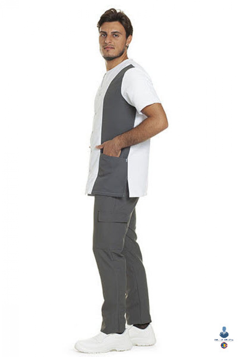 Uniforme medicale microfibra- Halat medical bicolor, maneca scurta, fermoar si guler anchior V