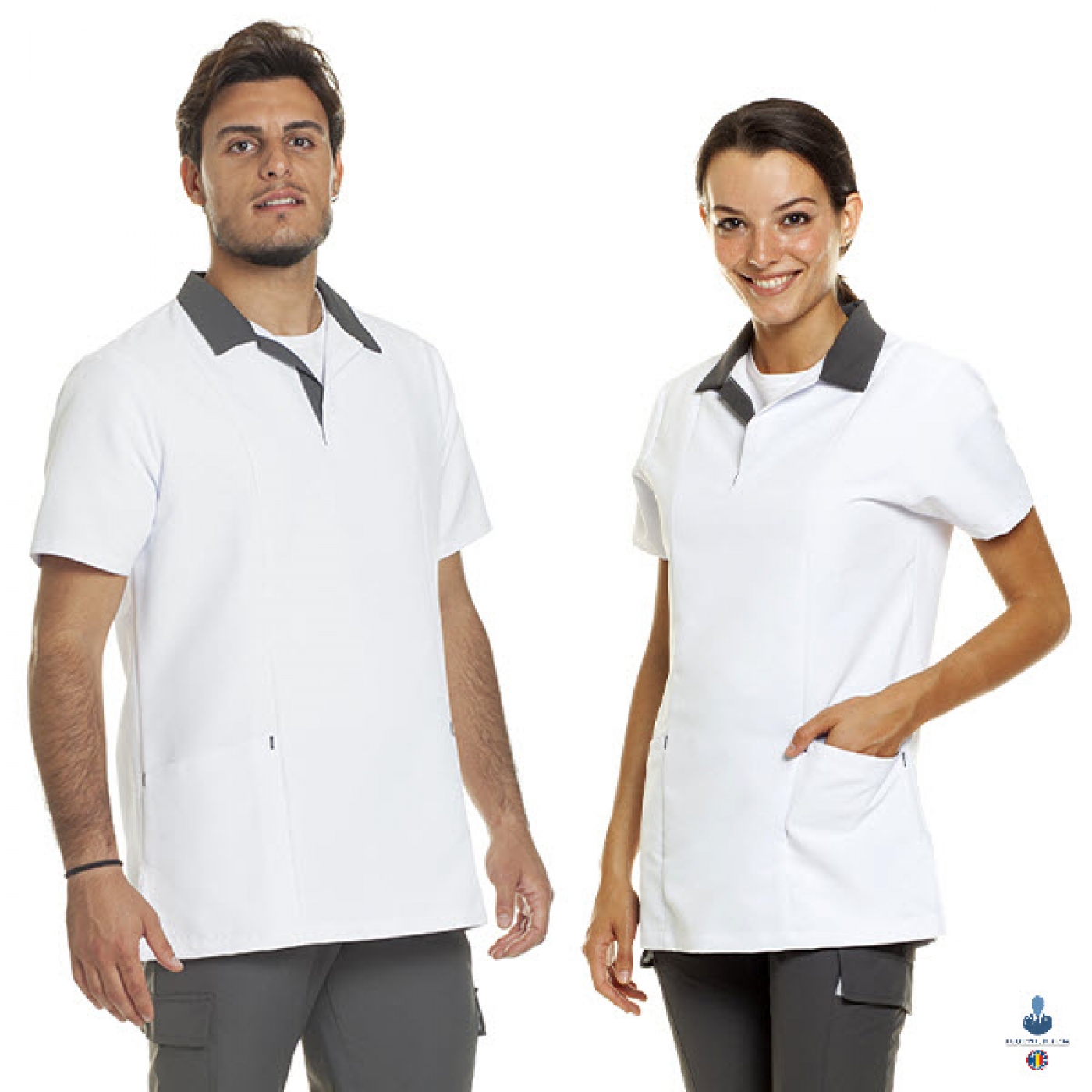 Uniforme medicale microfibra- Halat medical bicolor, maneca scurta, guler polo, unisex