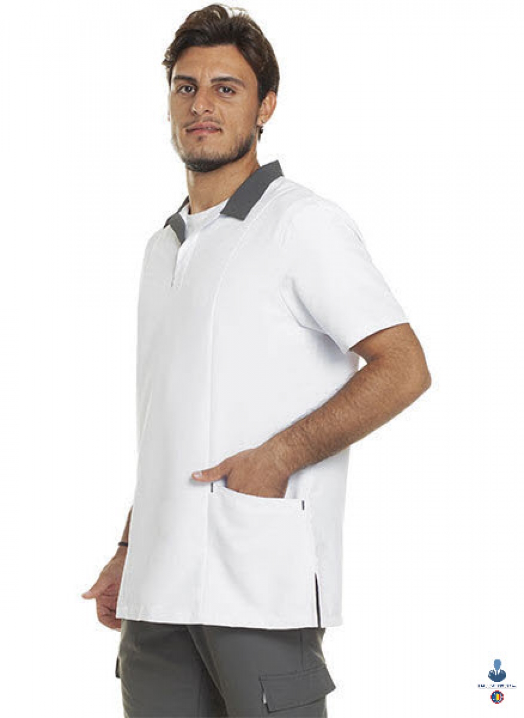 Uniforme medicale microfibra- Halat medical bicolor, maneca scurta, guler polo, unisex