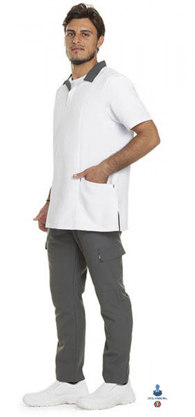 Uniforme medicale microfibra- Halat medical bicolor, maneca scurta, guler polo, unisex