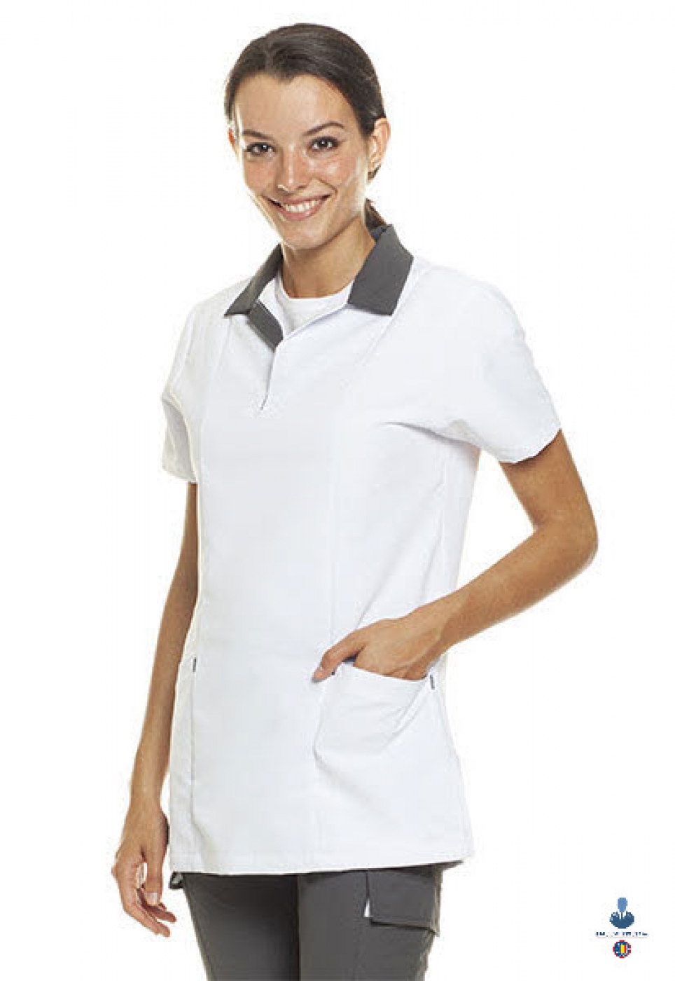 Uniforme medicale microfibra- Halat medical bicolor, maneca scurta, guler polo, unisex