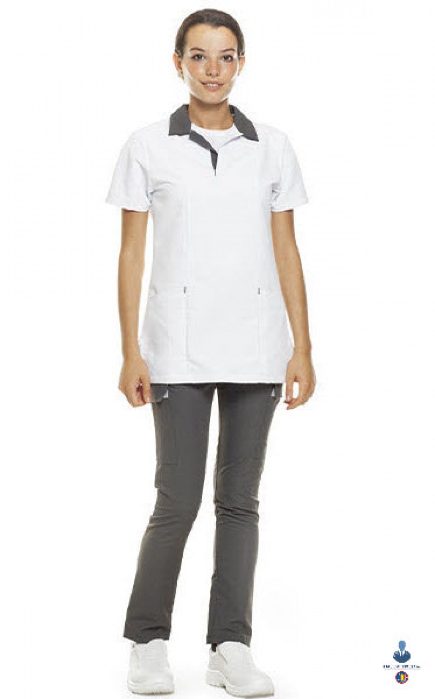 Uniforme medicale microfibra- Halat medical bicolor, maneca scurta, guler polo, unisex