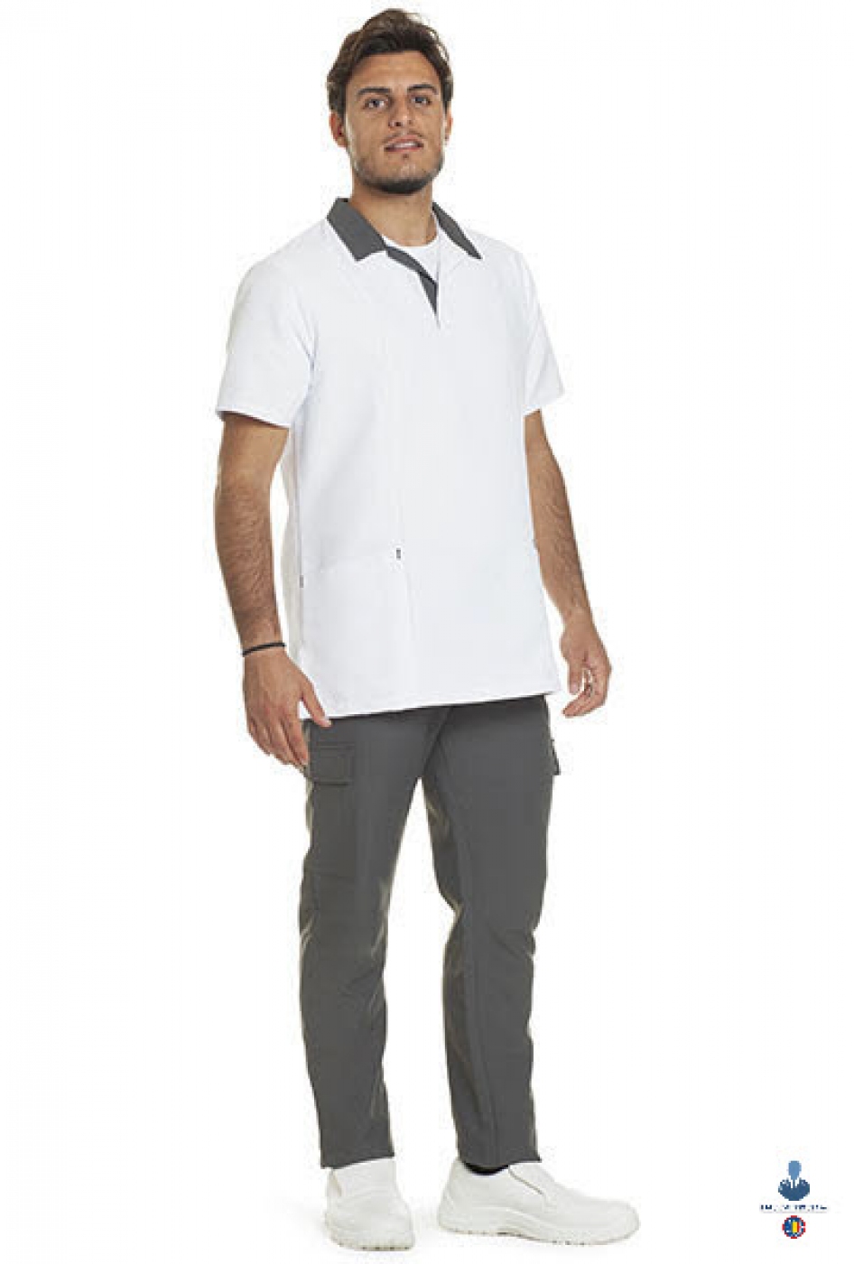 Uniforme medicale microfibra- Halat medical bicolor, maneca scurta, guler polo, unisex