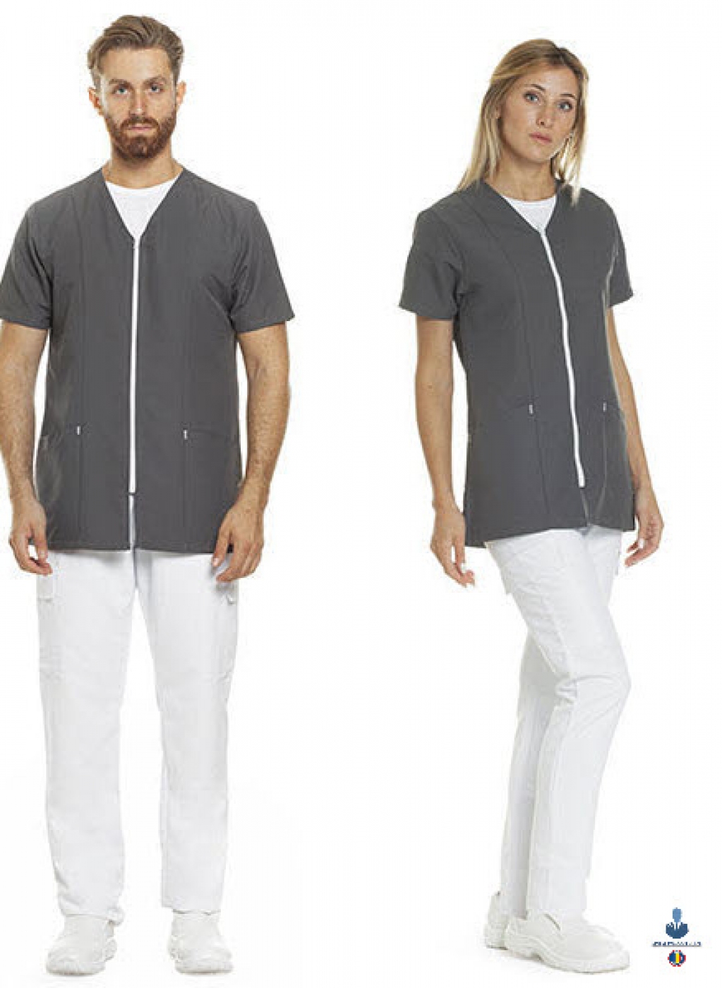Uniforme medicale microfibra- Halat medical cu maneca scurta, fermoar si guler anchior V