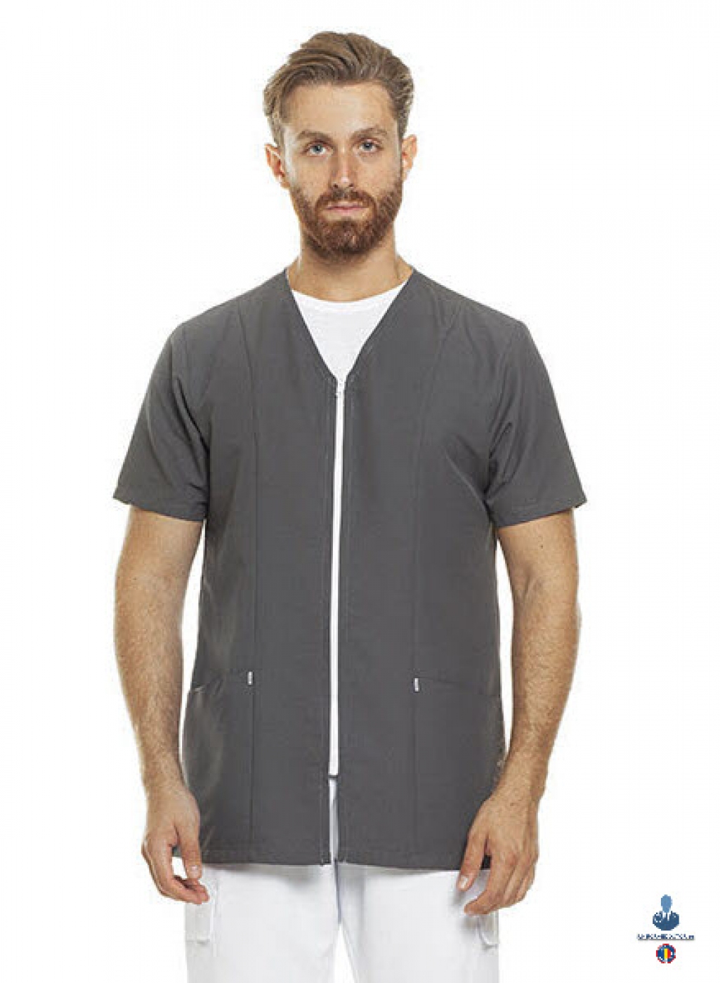 Uniforme medicale microfibra- Halat medical cu maneca scurta, fermoar si guler anchior V