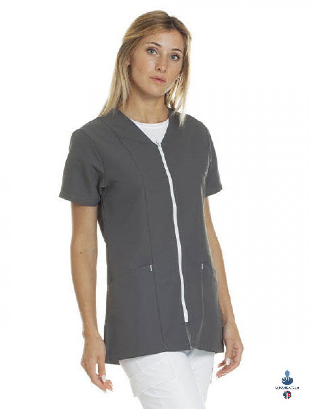 Uniforme medicale microfibra- Halat medical cu maneca scurta, fermoar si guler anchior V