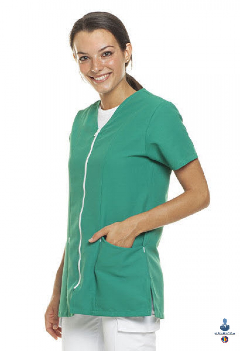 Uniforme medicale microfibra- Halat medical cu maneca scurta, fermoar si guler anchior V