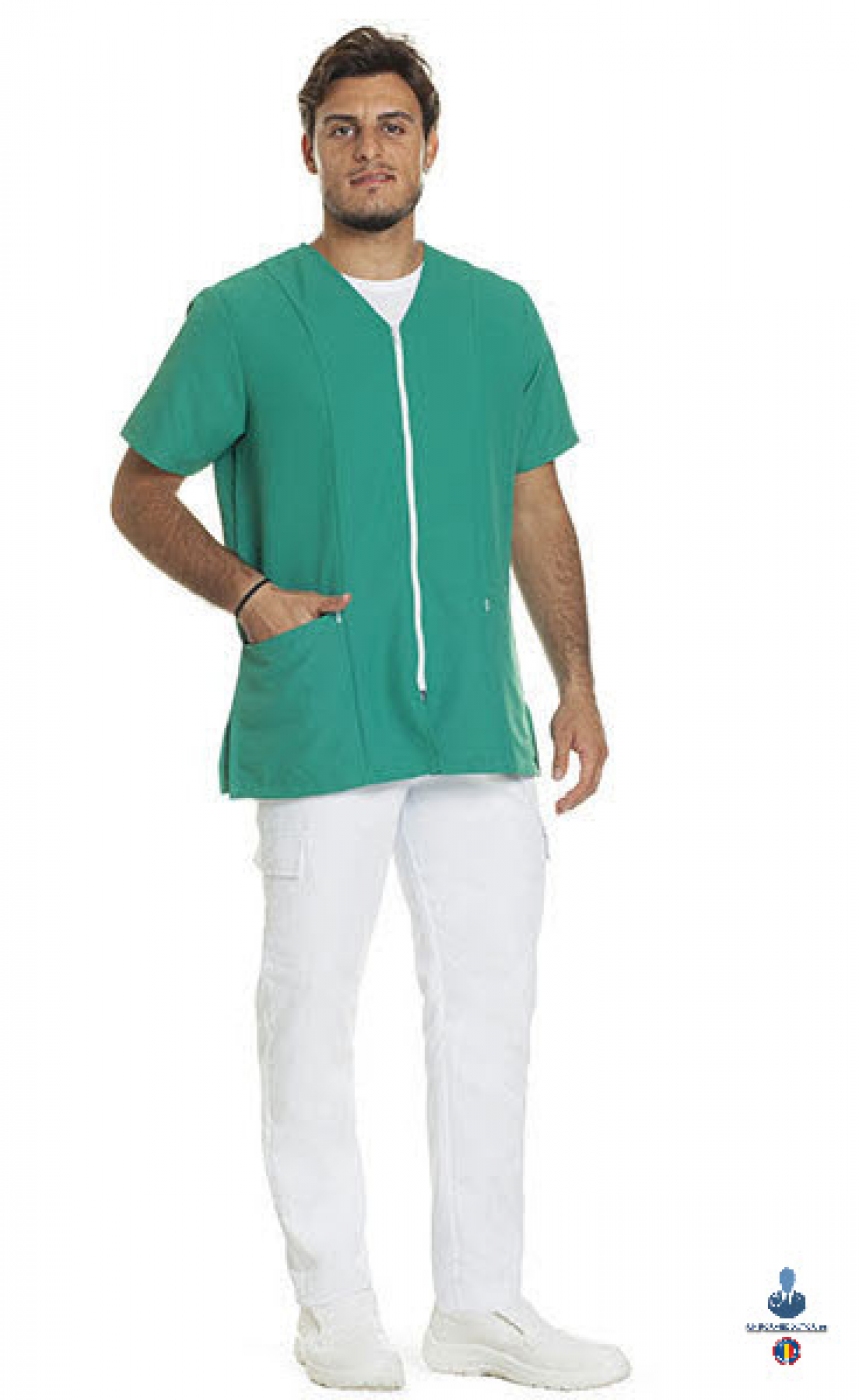 Uniforme medicale microfibra- Halat medical cu maneca scurta, fermoar si guler anchior V