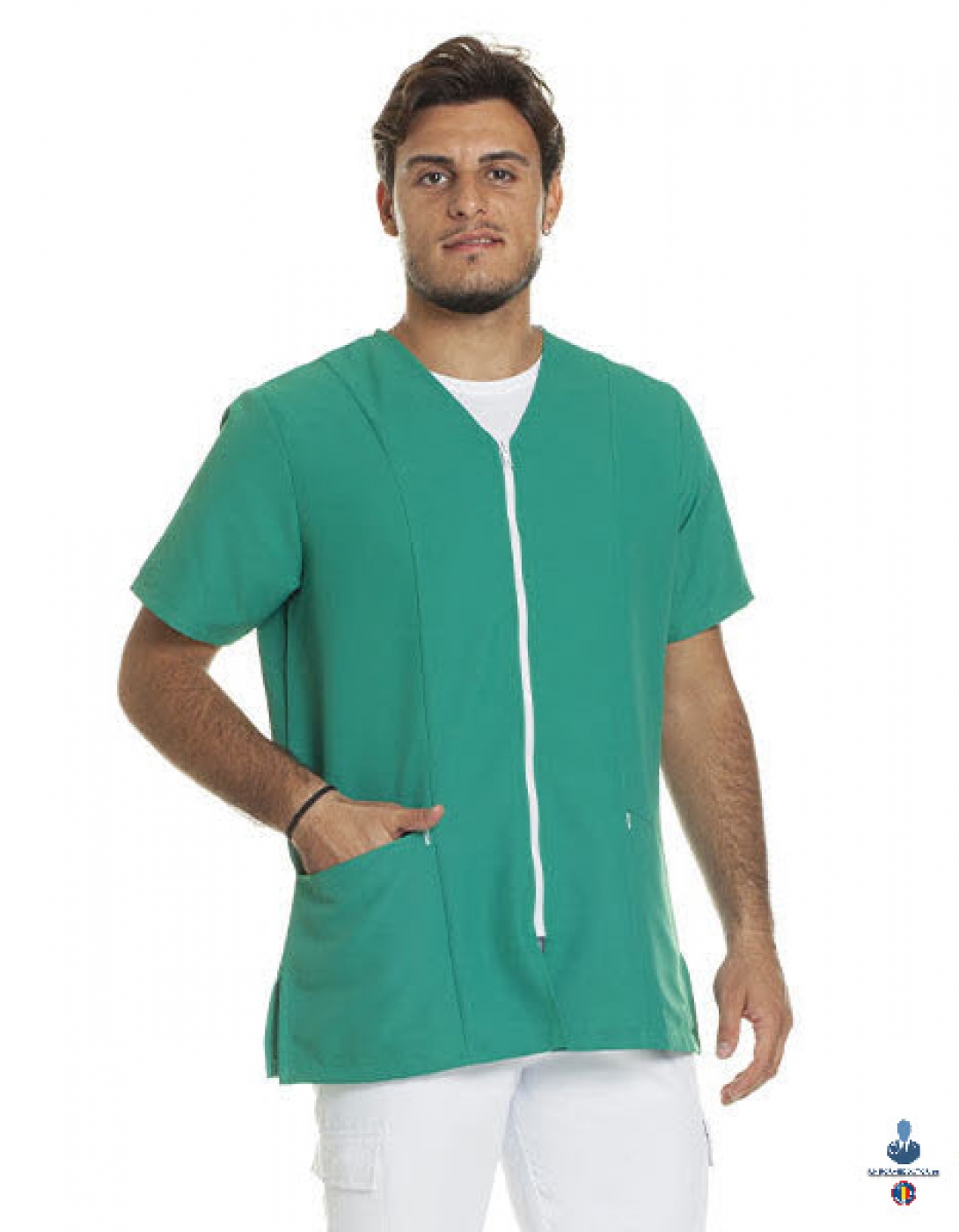 Uniforme medicale microfibra- Halat medical cu maneca scurta, fermoar si guler anchior V