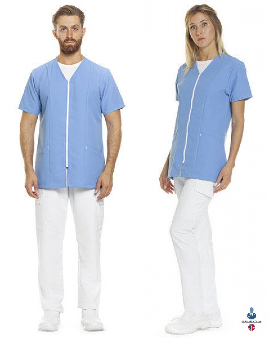 Uniforme medicale microfibra- Halat medical cu maneca scurta, fermoar si guler anchior V