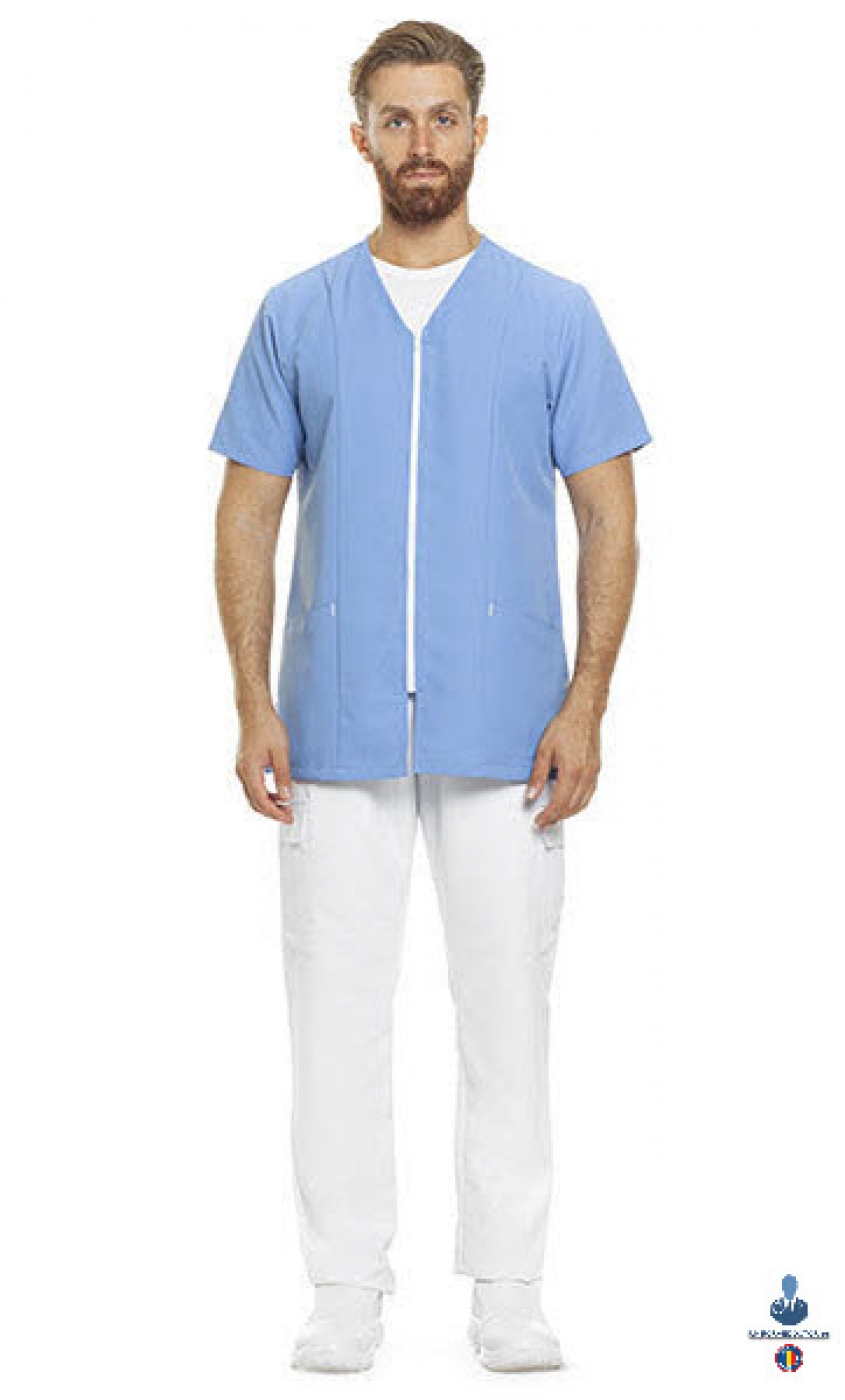 Uniforme medicale microfibra- Halat medical cu maneca scurta, fermoar si guler anchior V