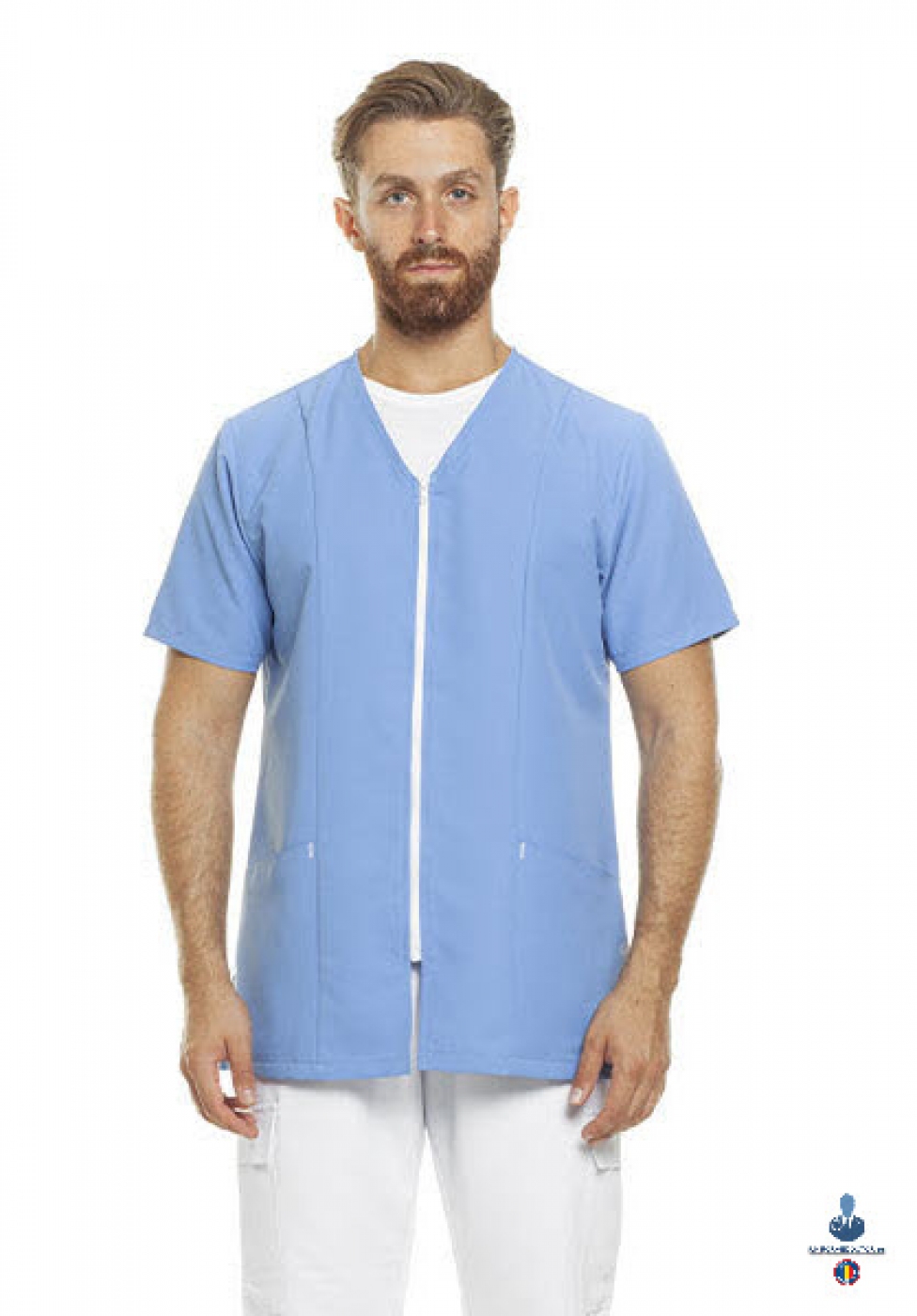 Uniforme medicale microfibra- Halat medical cu maneca scurta, fermoar si guler anchior V