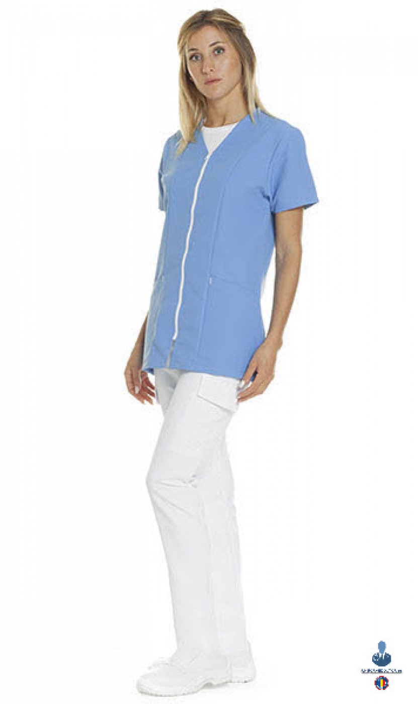 Uniforme medicale microfibra- Halat medical cu maneca scurta, fermoar si guler anchior V