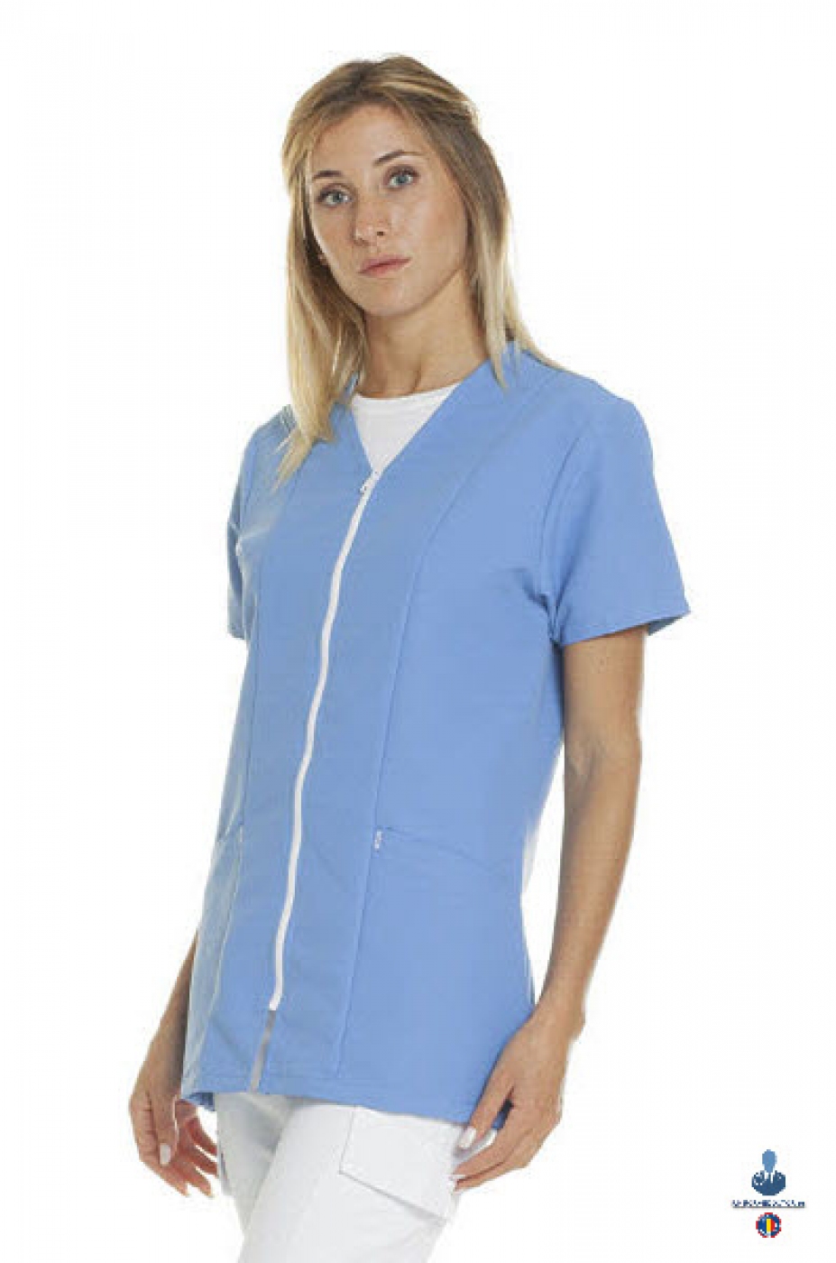 Uniforme medicale microfibra- Halat medical cu maneca scurta, fermoar si guler anchior V