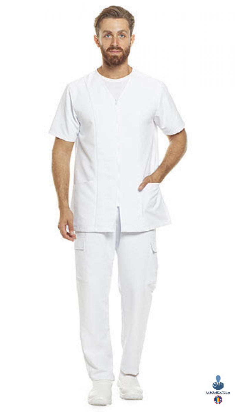 Uniforme medicale microfibra- Halat medical cu maneca scurta, fermoar si guler anchior V