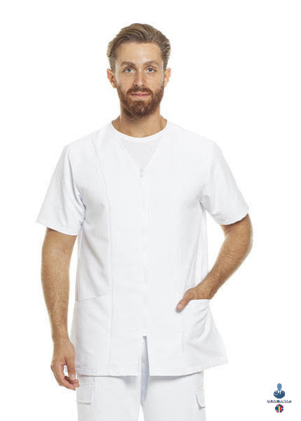 Uniforme medicale microfibra- Halat medical cu maneca scurta, fermoar si guler anchior V