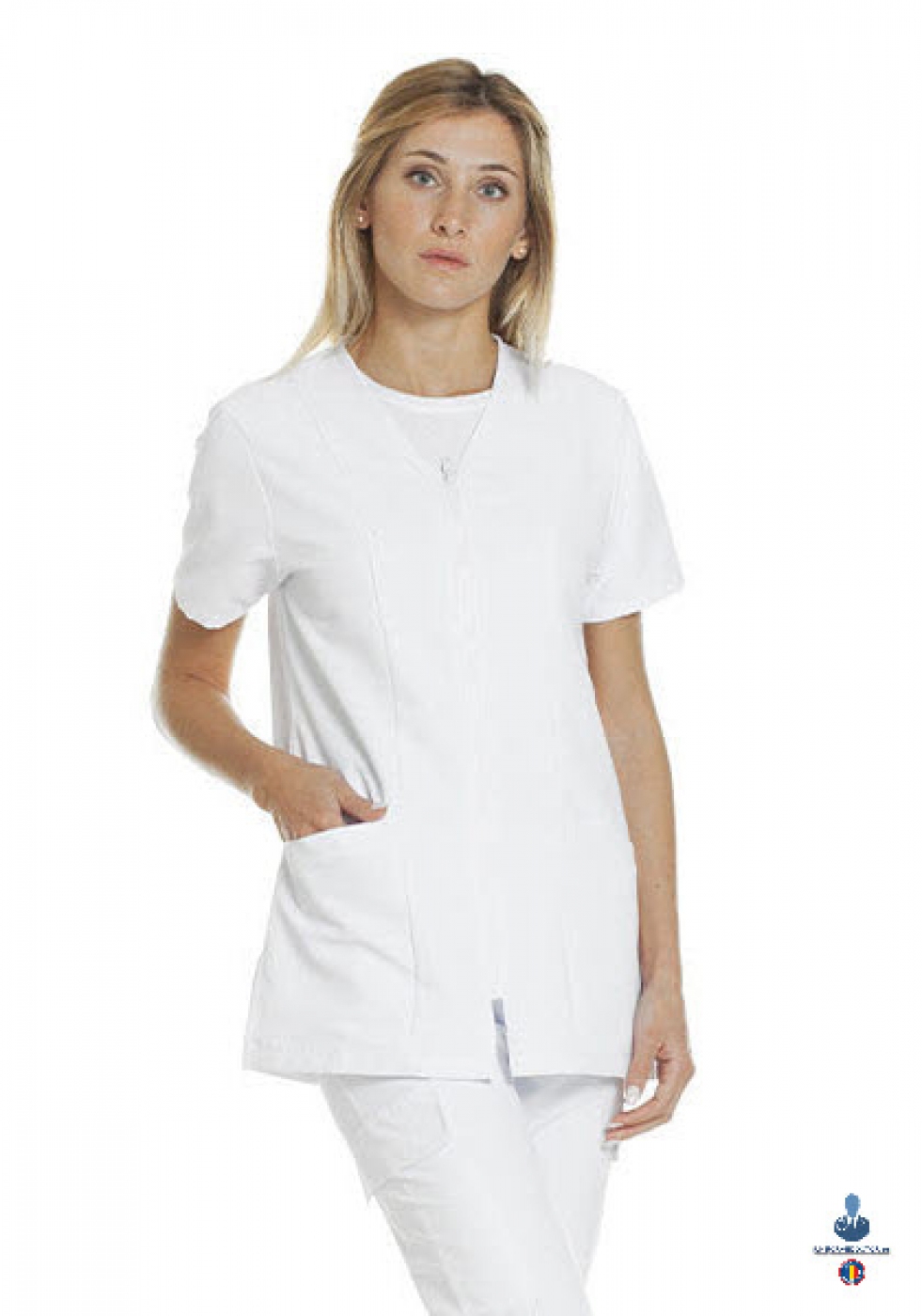 Uniforme medicale microfibra- Halat medical cu maneca scurta, fermoar si guler anchior V