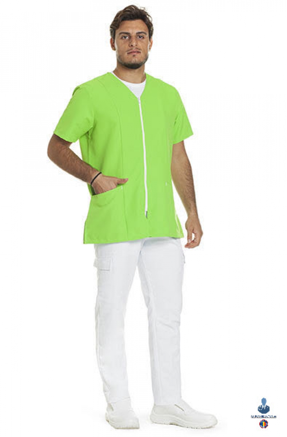 Uniforme medicale microfibra- Halat medical cu maneca scurta, fermoar si guler anchior V