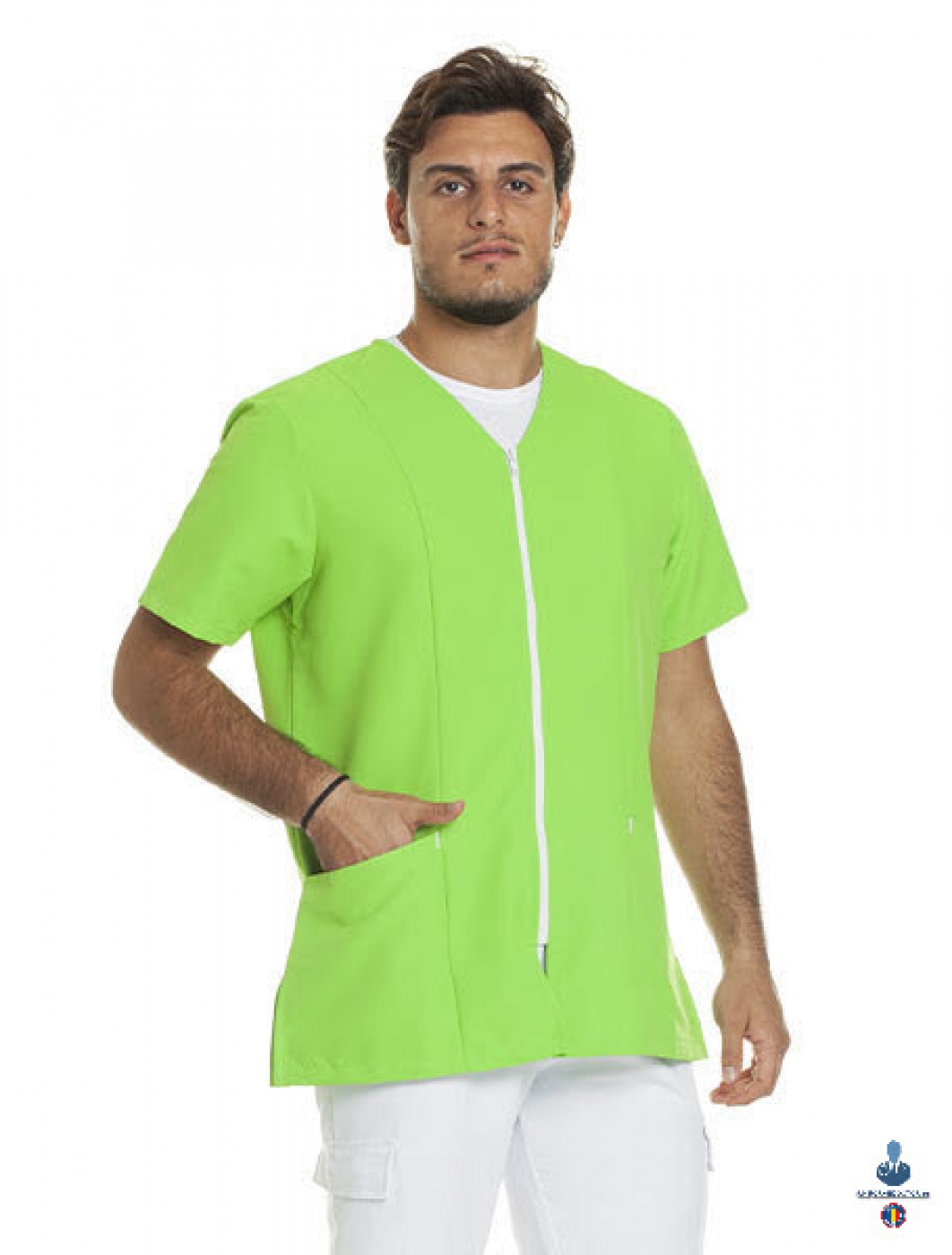 Uniforme medicale microfibra- Halat medical cu maneca scurta, fermoar si guler anchior V
