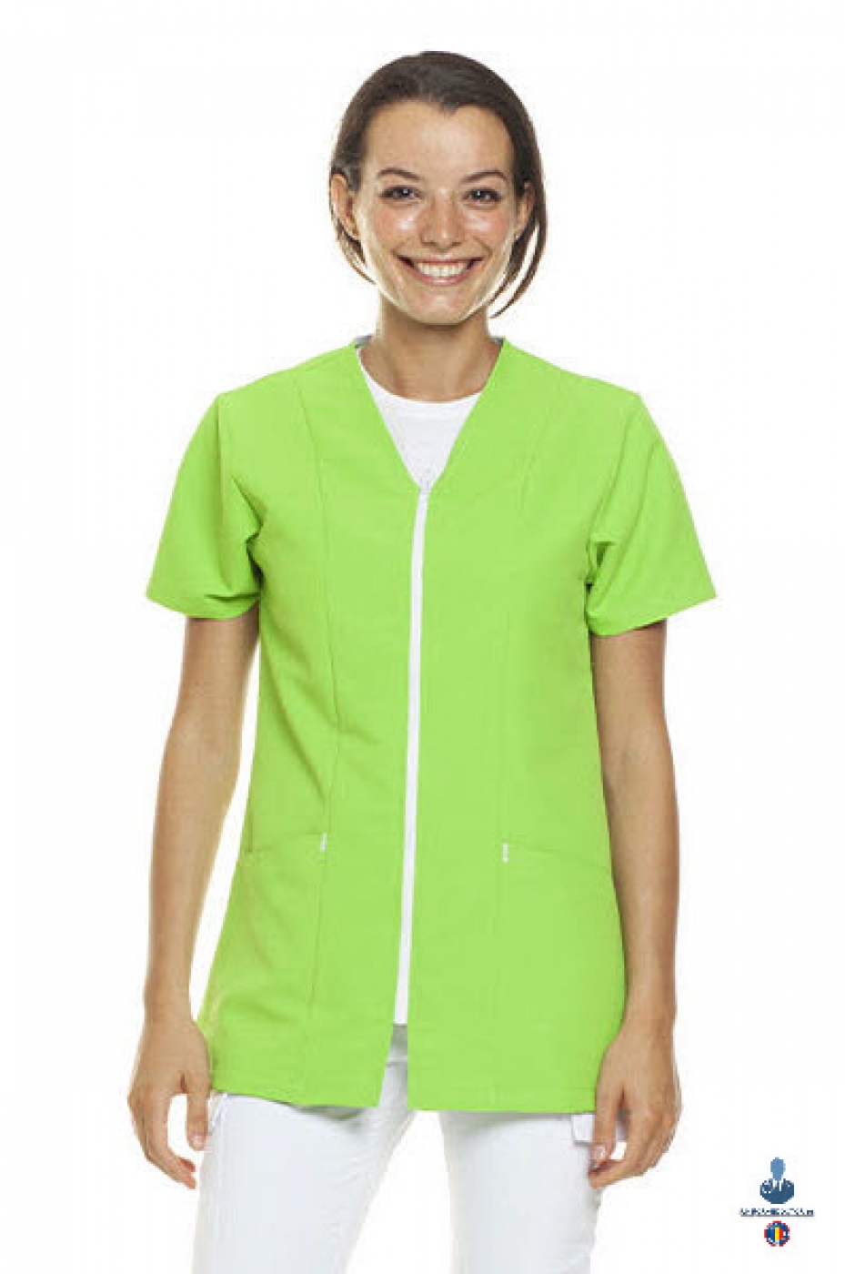 Uniforme medicale microfibra- Halat medical cu maneca scurta, fermoar si guler anchior V