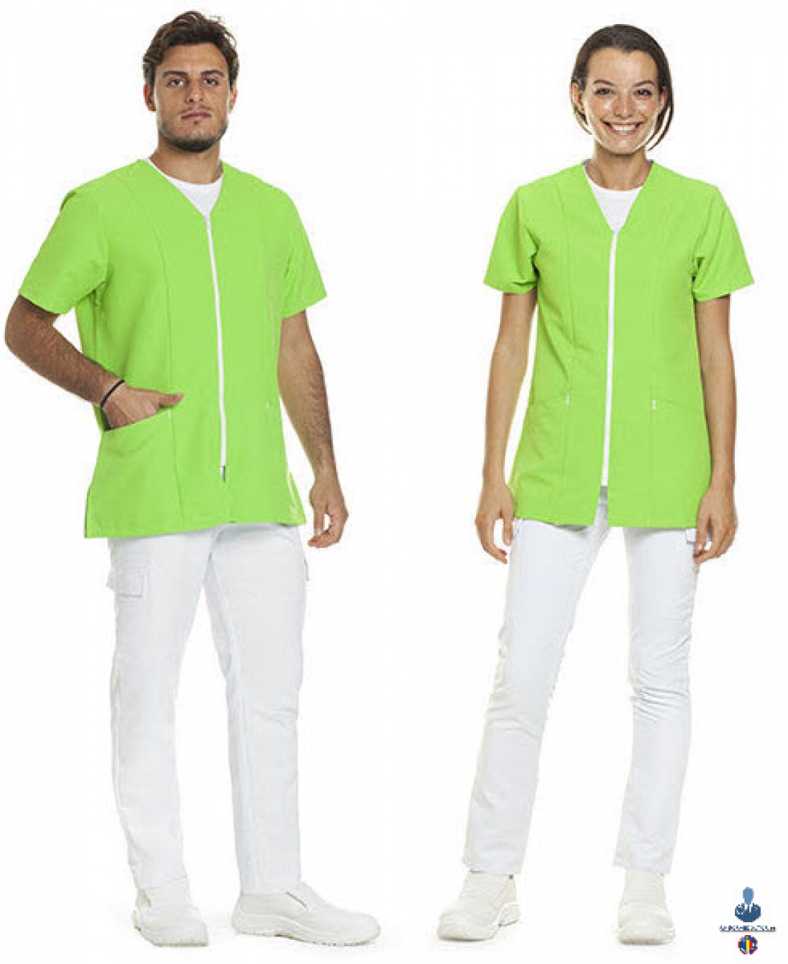Uniforme medicale microfibra- Halat medical cu maneca scurta, fermoar si guler anchior V