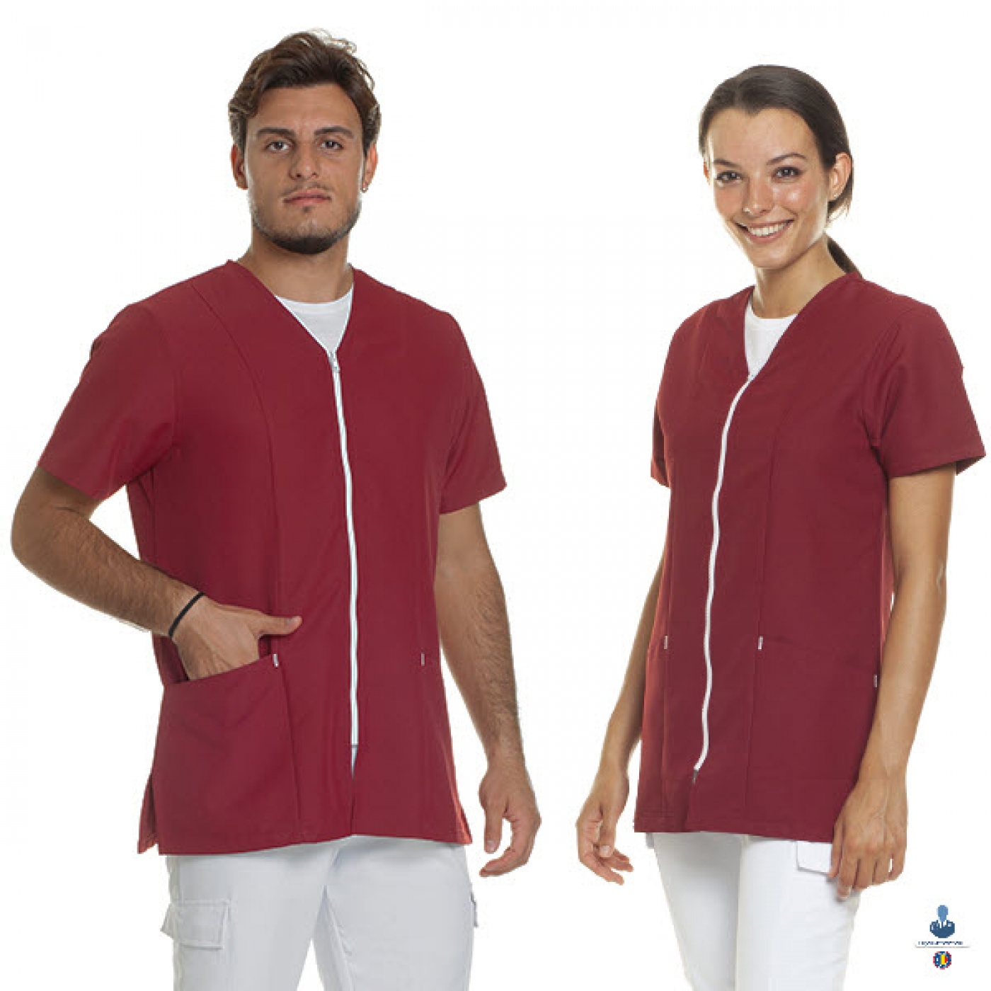 Uniforme medicale microfibra- Halat medical cu maneca scurta, fermoar si guler anchior V