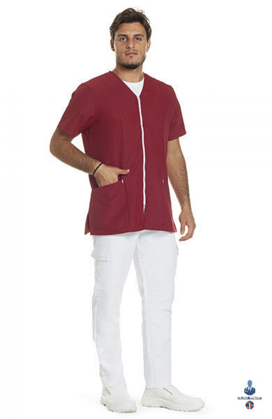 Uniforme medicale microfibra- Halat medical cu maneca scurta, fermoar si guler anchior V