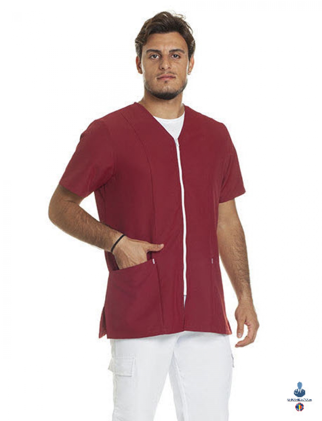 Uniforme medicale microfibra- Halat medical cu maneca scurta, fermoar si guler anchior V
