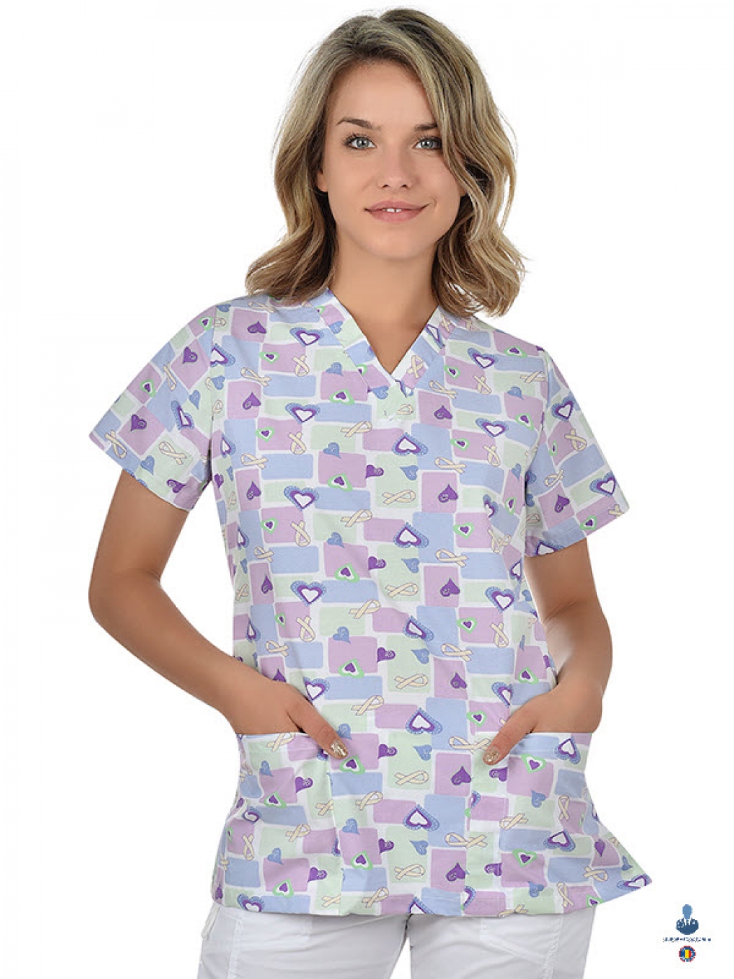 Bluza medicala imprimata cu inimioare si panglici, 3D Flex, anchior si maneca scurta, model dama
