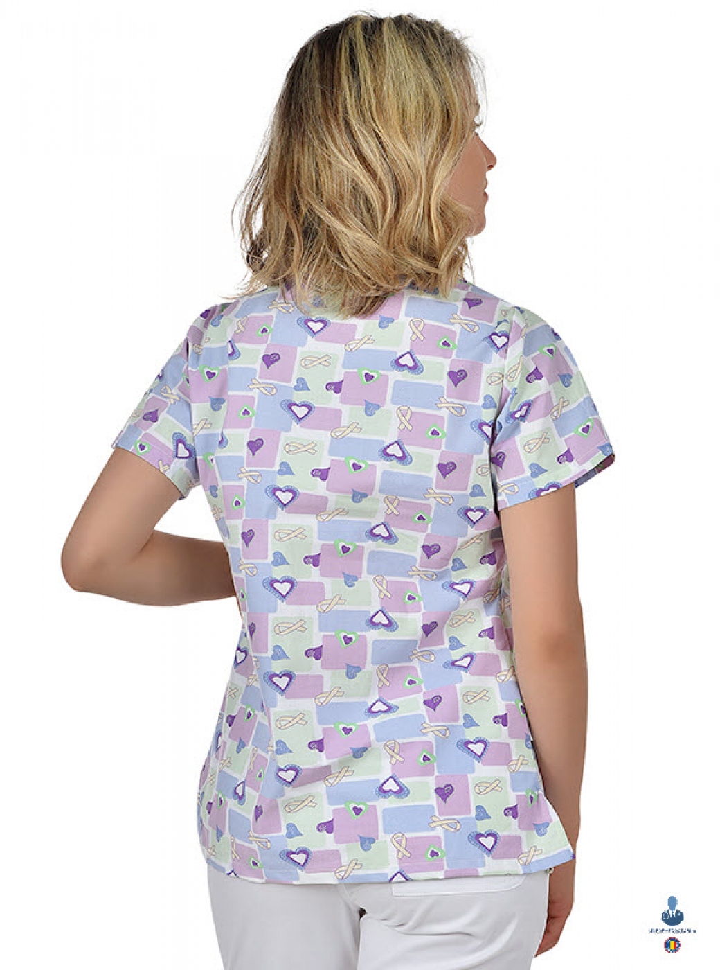 Uniforme medicale imprimate 3D FLEX - Bluza medicala imprimata cu inimioare si panglici, cu achior