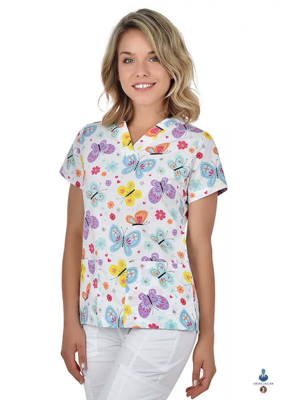 Bluza medicala imprimata cu fluturi si flori, 3D Flex, anchior si maneca scurta, model dama