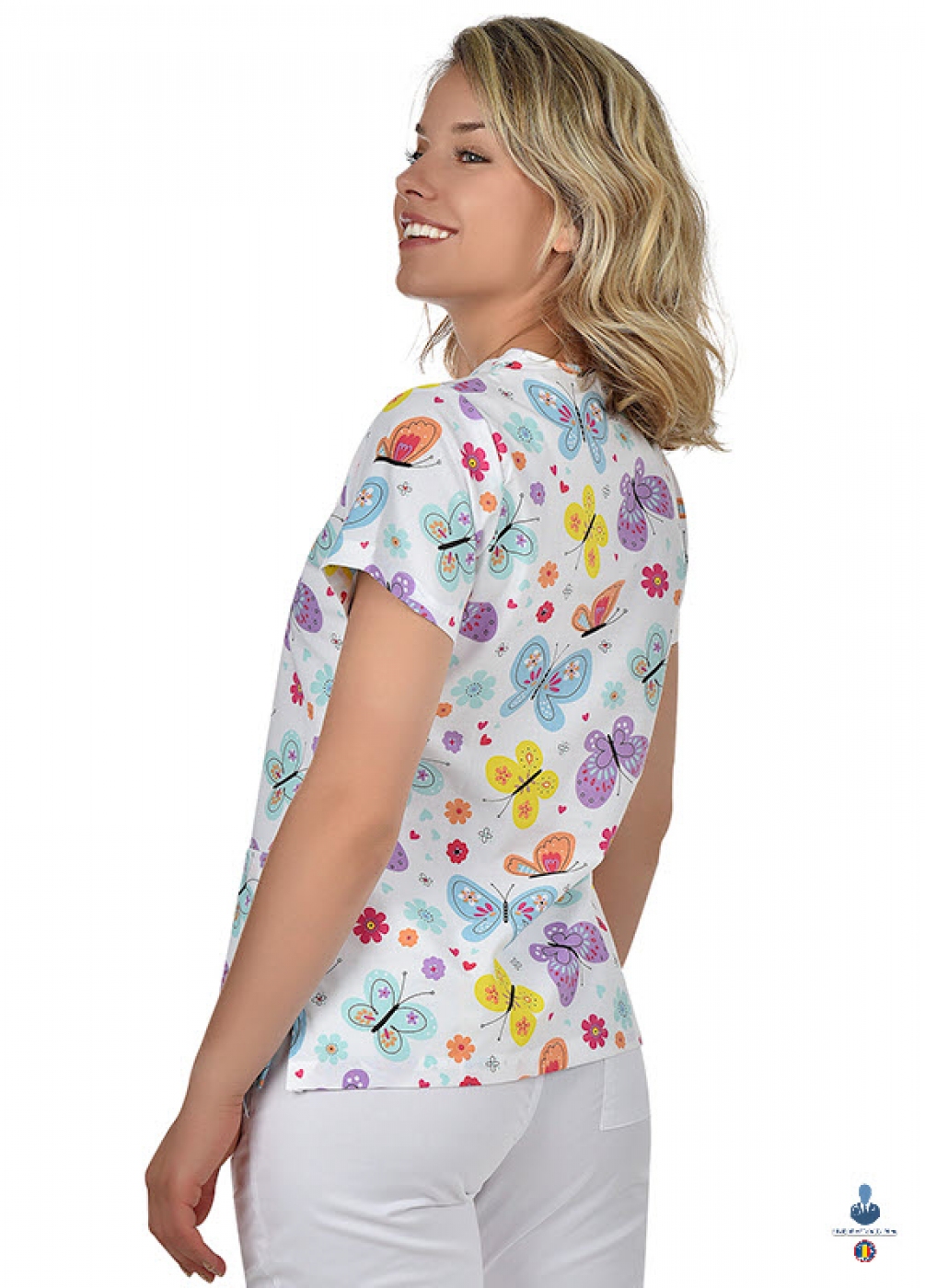 Uniforme medicale imprimate 3D FLEX - Bluza medicala imprimata cu fluturi si flori, cu achior