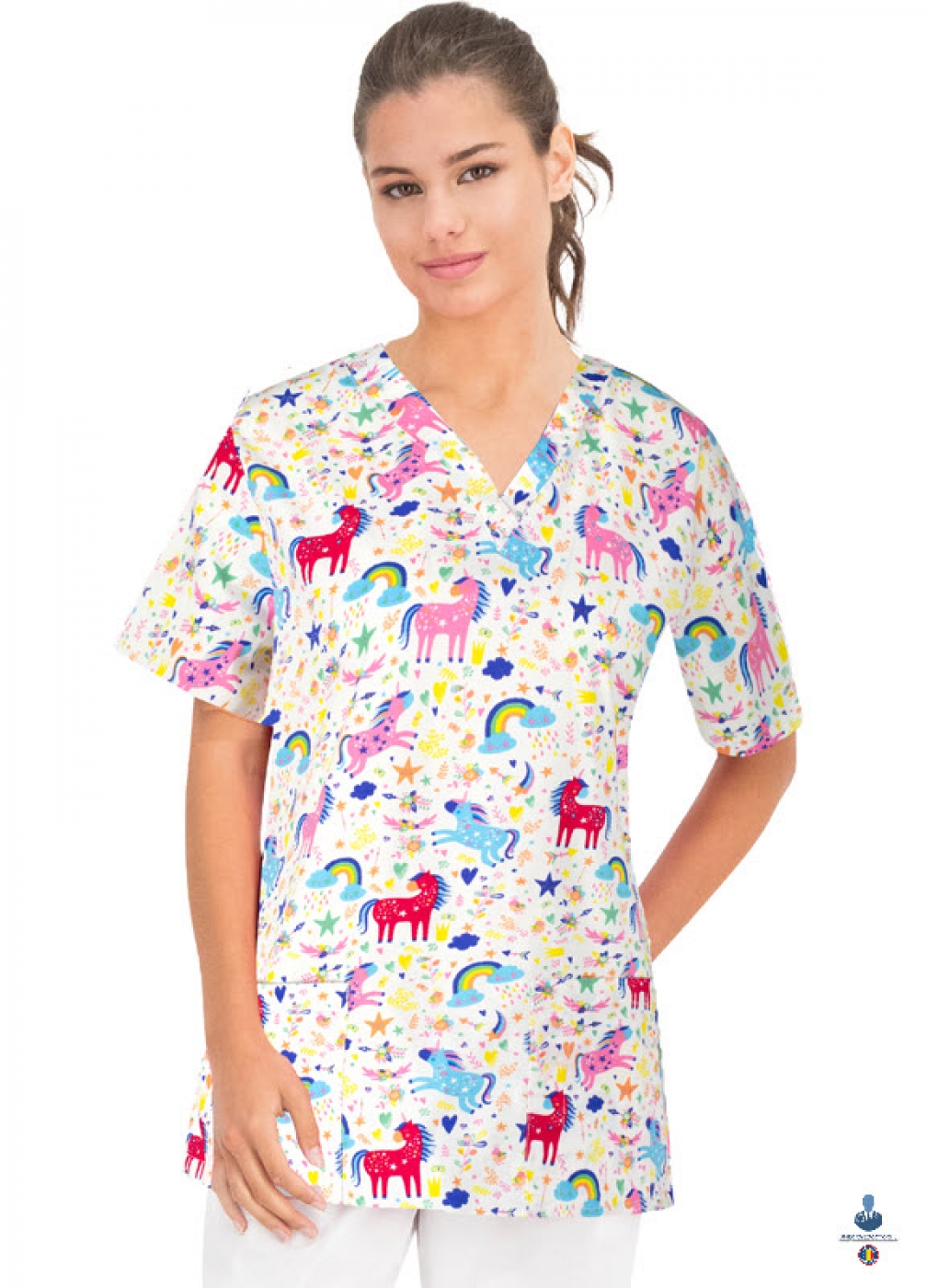 Bluza medicala imprimata cu unicorni, 3D Flex, anchior si maneca scurta, model dama