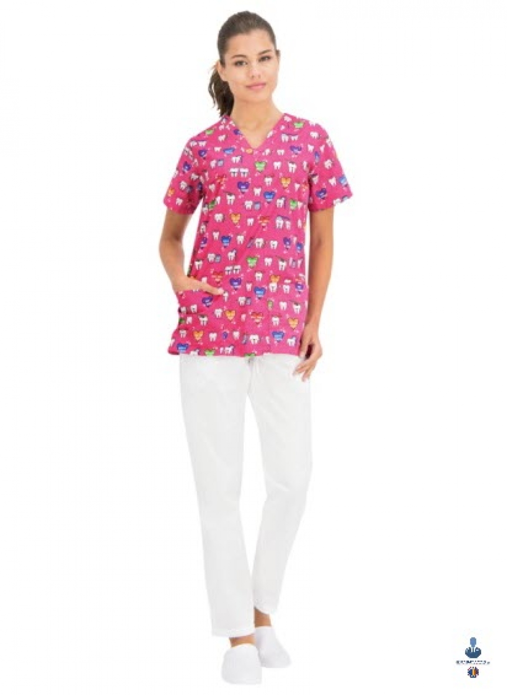 Uniforme medicale imprimate 3D FLEX - Bluza medicala imprimata cu dintisori si maselute, cu achior