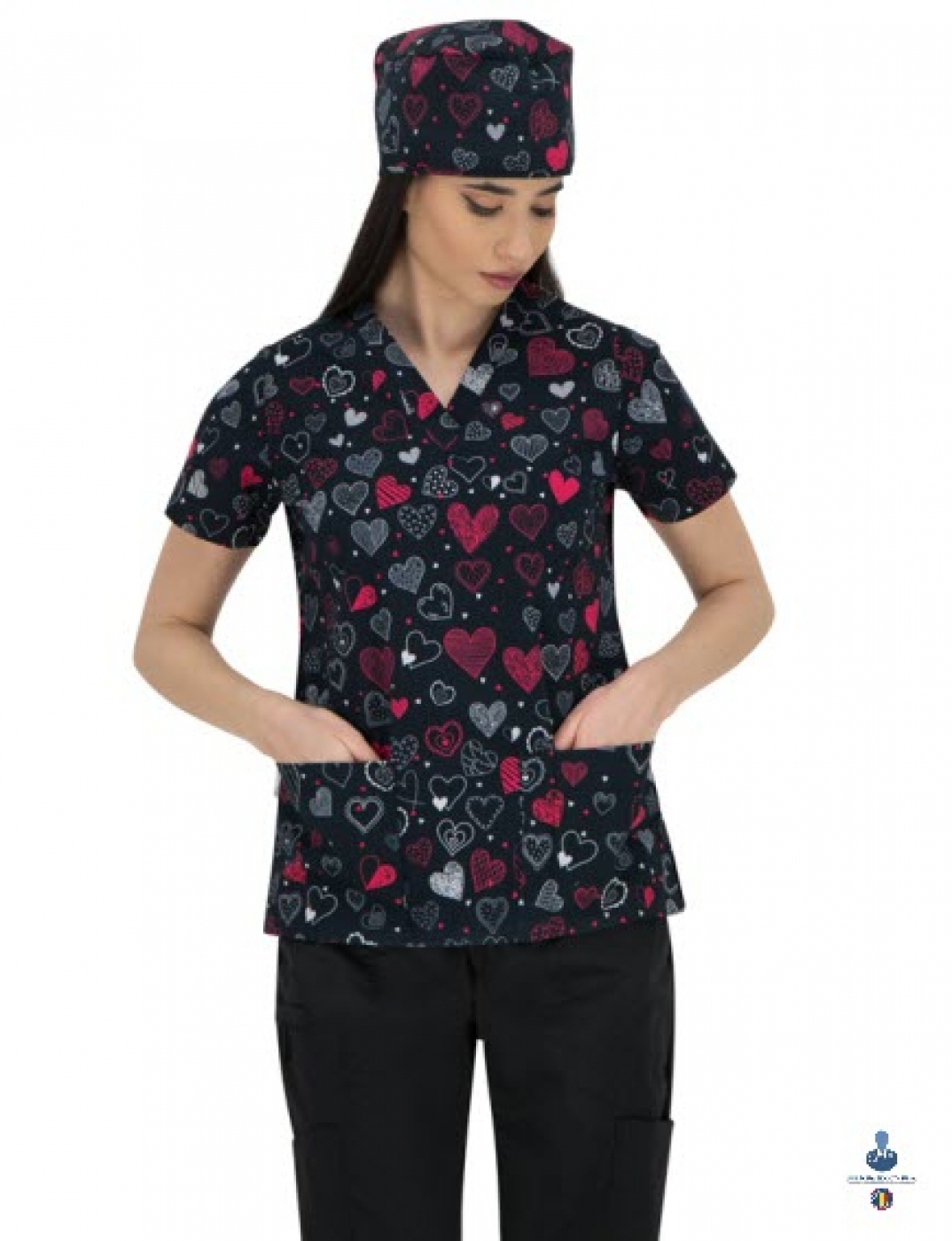 Uniforme medicale imprimate 3D FLEX - Bluza medicala imprimata cu inimioare rosii, cu achior